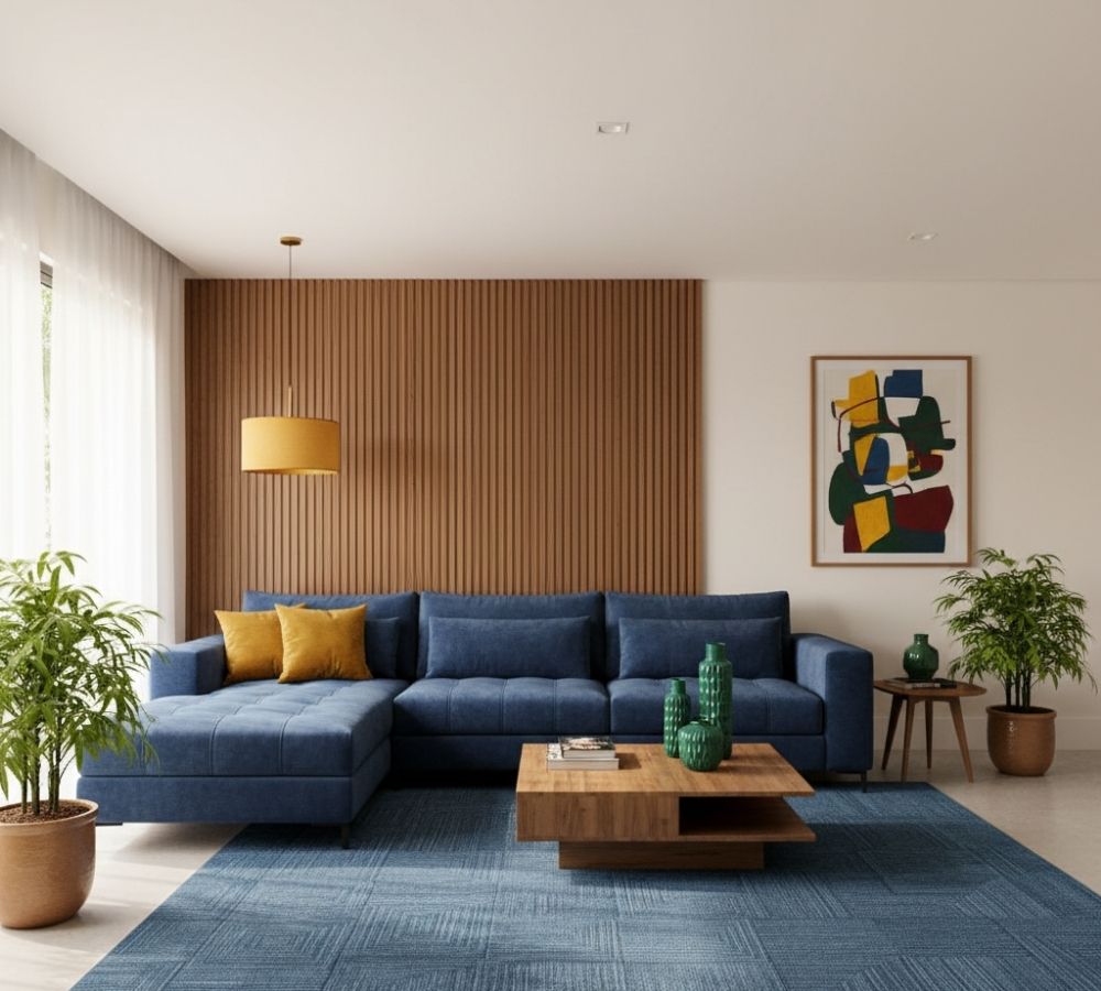 Sala de estar com sofá azul, tapete azul, painel ripado de madeira e almofadas mostarda ilustrando a proporção 60-30-10 na decoração