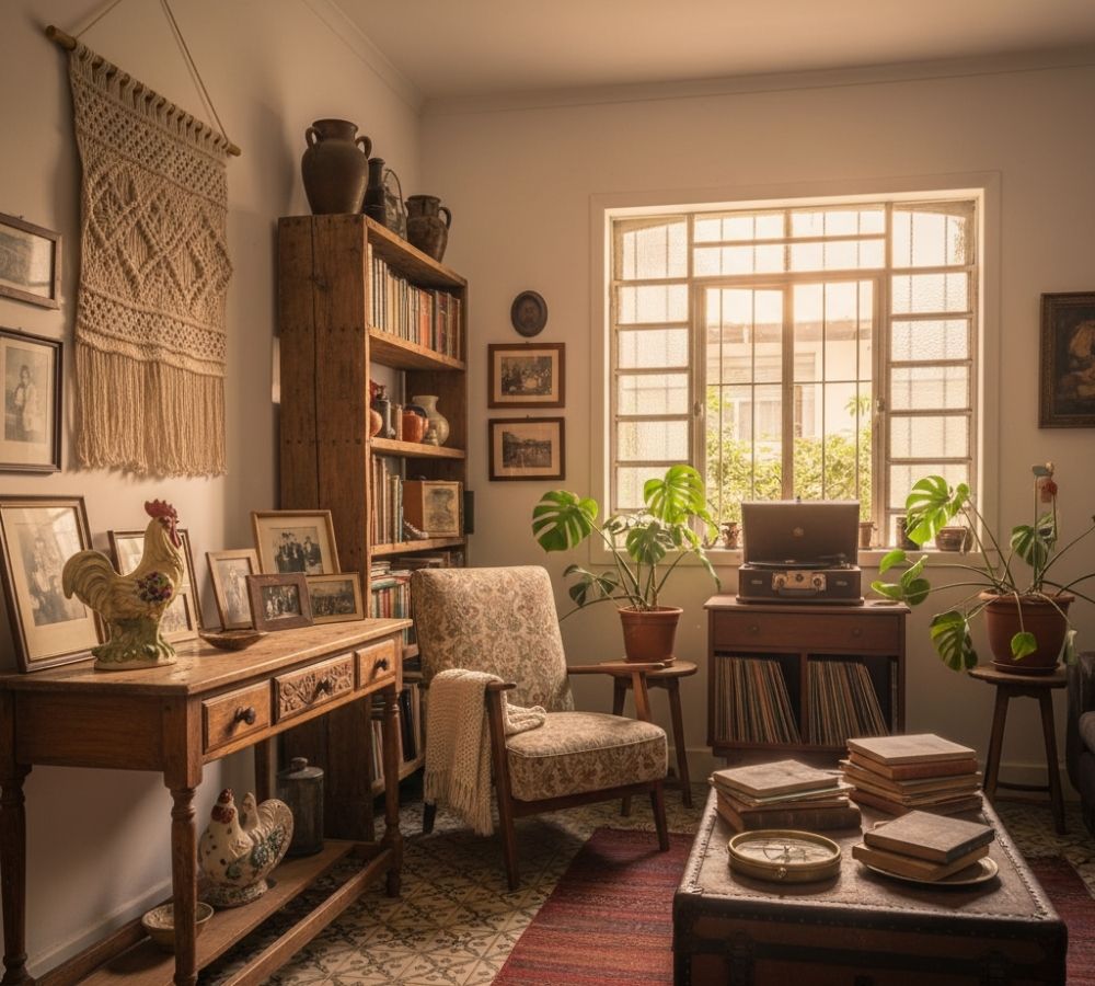 Sala de estar com decoração vintage, estante de madeira, poltrona floral, quadros antigos e objetos com memória afetiva — exemplo da regra 80/20 na decoração