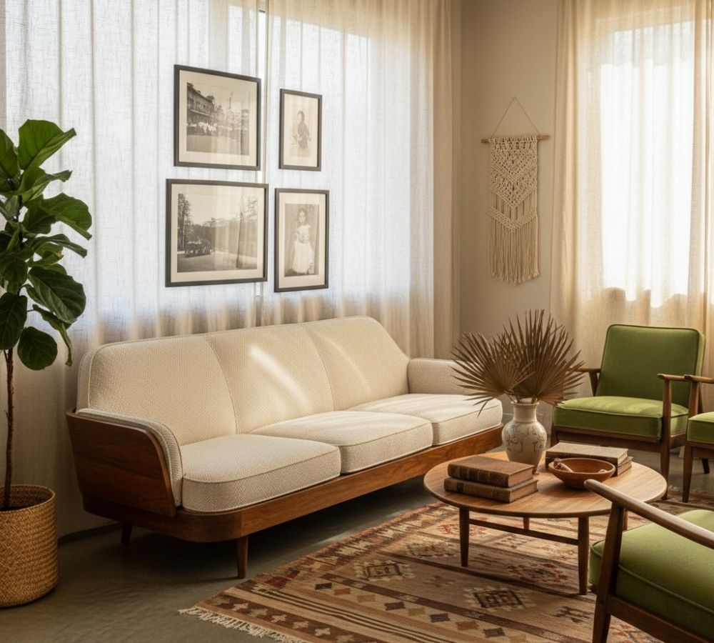 Sala de estar com sofá vintage de madeira reestofado, poltronas verdes, tapete kilim e quadros antigos — aplicação da regra 80/20 na decoração de interiores