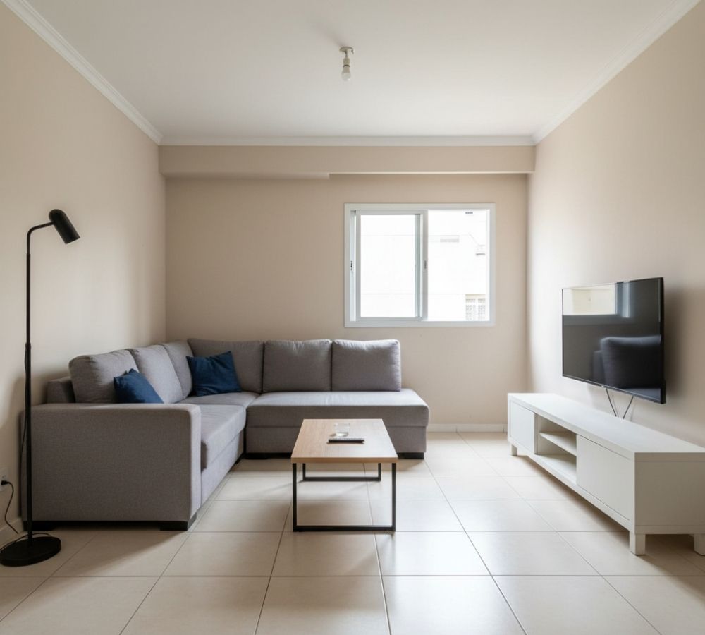 Sala de estar com sofá cinza em L, mesa de centro de madeira e rack branco sem decoração complementar