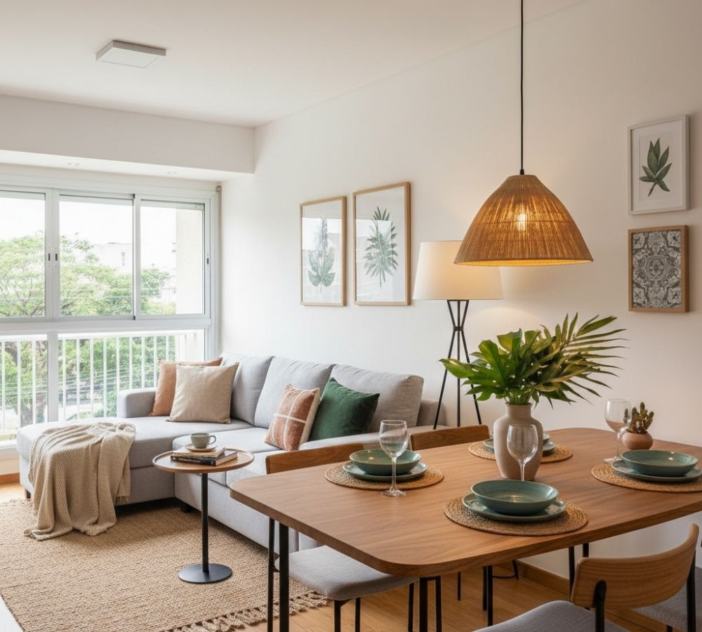 Sala de estar decorada com tapete de juta, pendente de palha, almofadas coloridas, quadros e plantas sobre mesa de jantar de madeira
