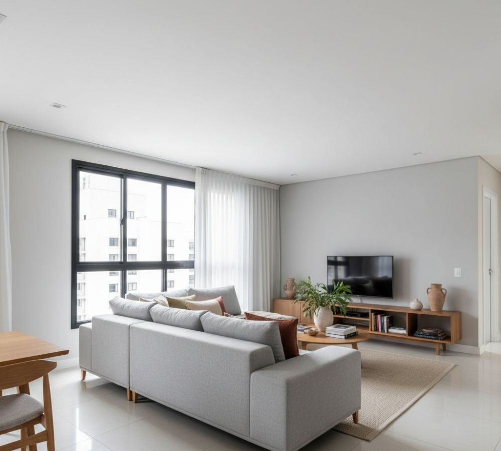 Sala de estar com teto branco, paredes cinza claro, sofá cinza, rack de madeira e janela ampla com luz natural