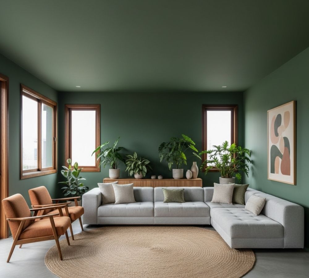 Sala de estar com teto e paredes pintados de verde-musgo, sofá cinza, poltrona caramelo e plantas decorativas