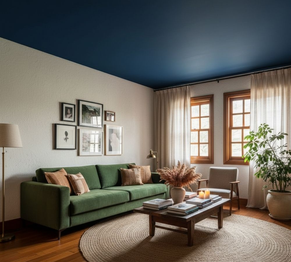 Sala de estar com teto azul-marinho, paredes off-white, sofá verde, tapete de sisal e janelas com esquadrias de madeira