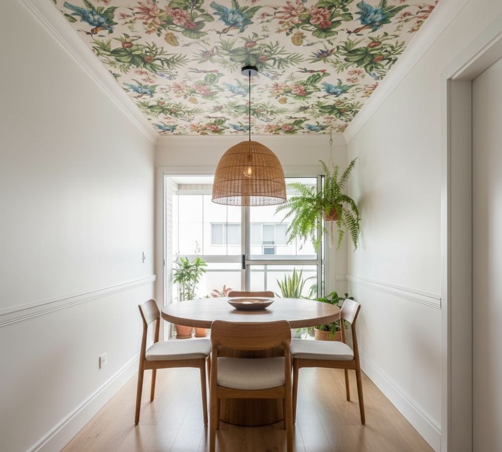 Sala de jantar com teto revestido de papel de parede floral, mesa redonda de madeira, cadeiras claras e luminária de rattan