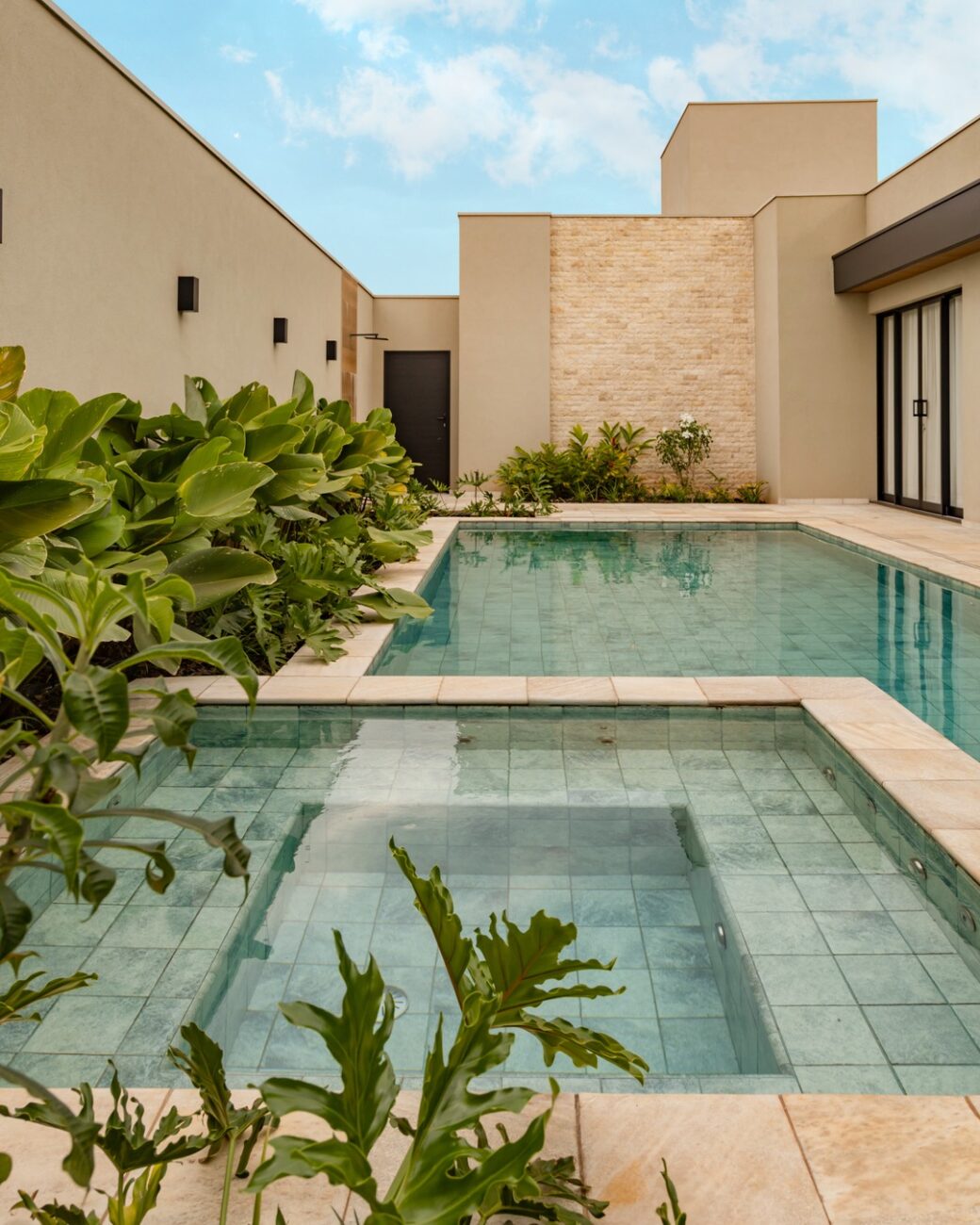 Casa em Batatais integra sala, cozinha e piscina em torno de um pátio central
