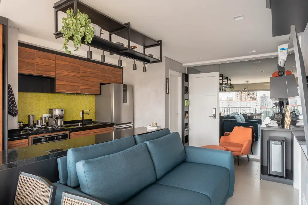 45 m² com lavanderia e três ambientes integrados: o projeto que ignorou a regra do neutro e funcionou