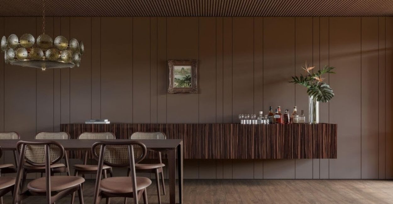 Ambiente com painéis Marrom Retrô Duratex (Imagem Divulgação)