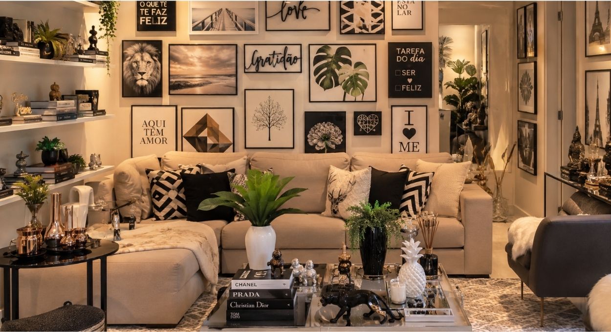 Sala de estar com excesso de elementos decorativos vistos em todo lugar