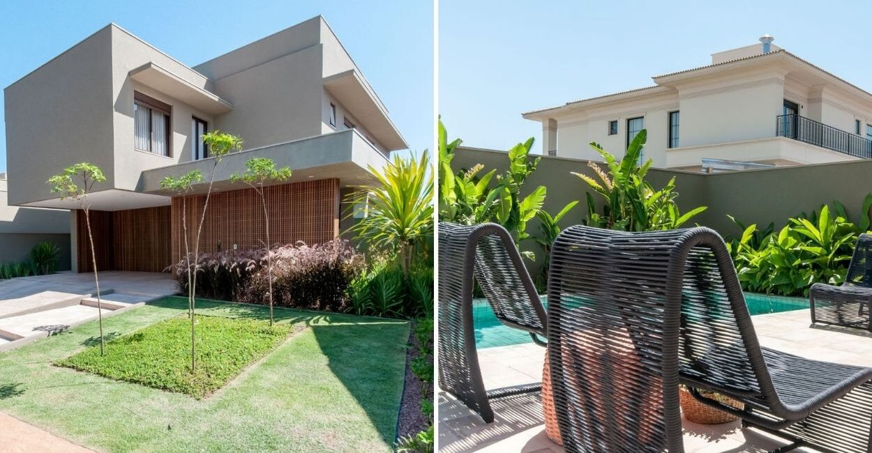 Jardim na entrada, a madeira aplicada no treliçado que faceia o primeiro nível a e estrutura em balanço compõem a fachada da residência assinada pelas arquitetas Vanessa Paiva e Claudia Passarini. No fundo, a área de lazer com piscina e o paisagismo que deixa os dias quentes muito mais aprazíveis para os moradores | Projeto Paiva e Passarini Arquitetura e Design | Fotos: Xavier  Neto