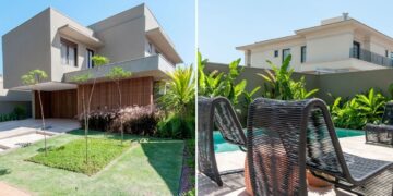 Jardim na entrada, a madeira aplicada no treliçado que faceia o primeiro nível a e estrutura em balanço compõem a fachada da residência assinada pelas arquitetas Vanessa Paiva e Claudia Passarini. No fundo, a área de lazer com piscina e o paisagismo que deixa os dias quentes muito mais aprazíveis para os moradores | Projeto Paiva e Passarini Arquitetura e Design | Fotos: XavierNeto