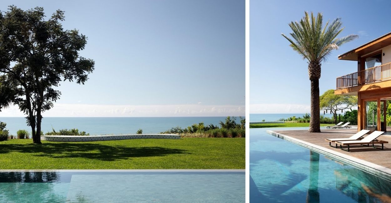 O jardim foi pensado para preservar o protagonismo do litoral, criando uma leitura leve e contemplativa. Paisagismo do escritório Depieri Paisagismo, arquitetura de DB Arquitetos e fotos de MCA Estúdio