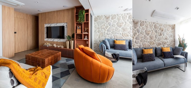 Reforma de apartamento destaca a presença das cores com uma paleta terrosa e o azul no mobiliário e em detalhes decorativos