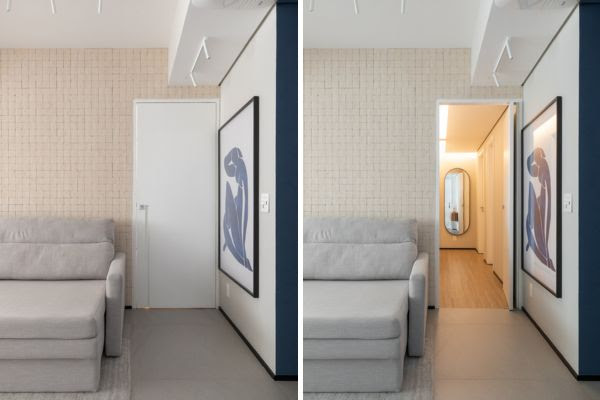 Reforma de apartamento revela a presença pontual das cores dentro de uma paleta sóbria pedida pelos moradores