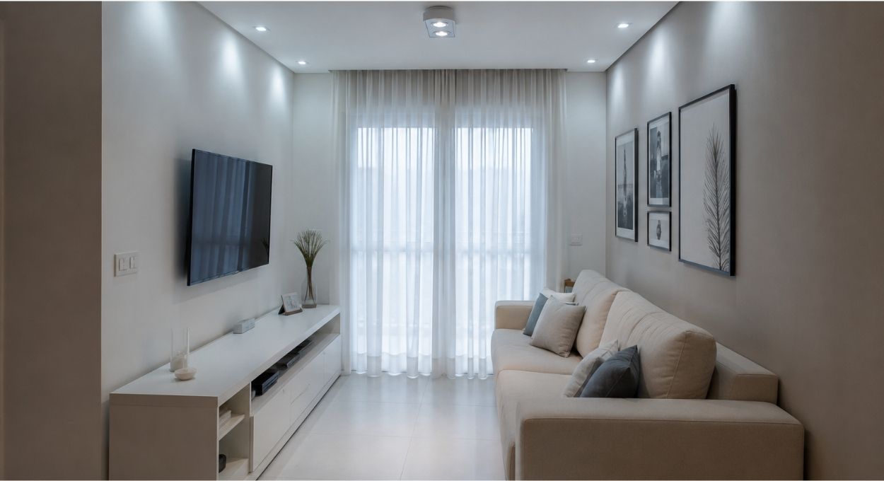Sala de estar de apartamento decorada com muitos elementos de cor branca e luz fria, deixando o ambiente frio.