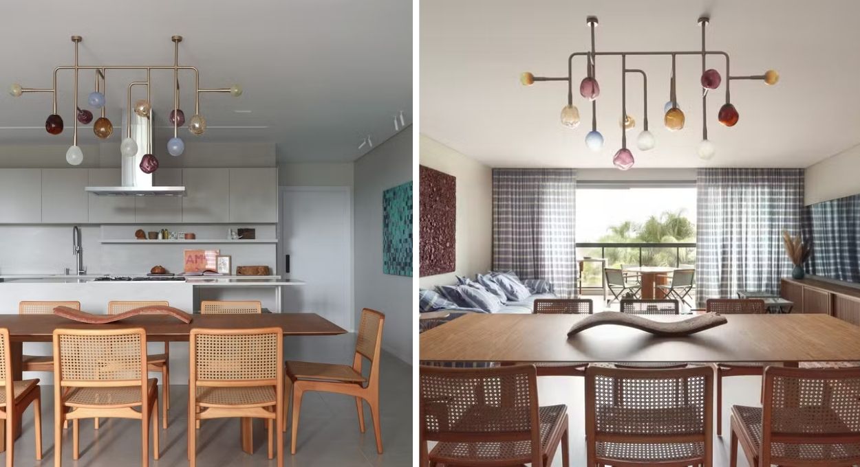 Cor, mobiliário autoral e uma parede derrubada: o apartamento de 250 m² em Jurerê que nasceu de um lustre
