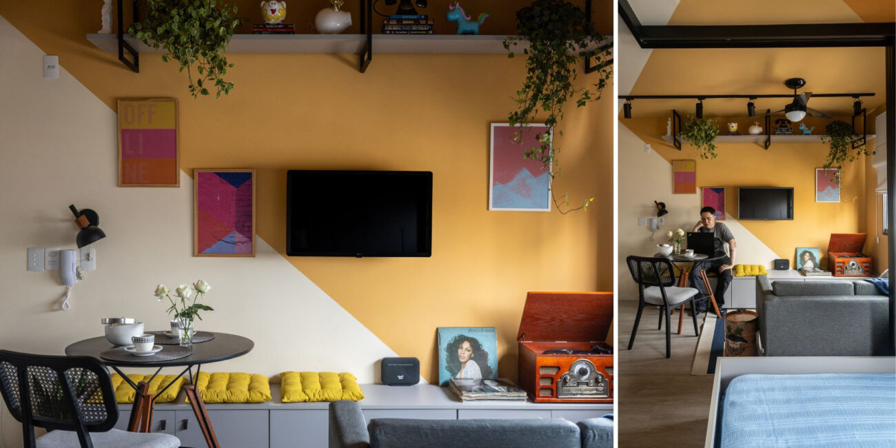 Apartamento de 25 m² em São Paulo prova que imóvel para alugar não precisa ser sem graça e o segredo está em uma parede que sumiu