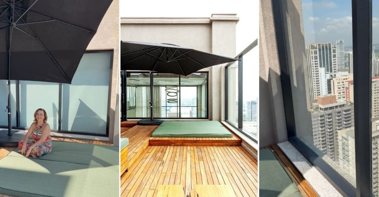 De uma questão técnica para um oásis de tranquilidade: na cobertura deste apartamento duplex, a arquiteta Cristiane Schiavoni instalou um sistema para captação de água pluvial. Para esconder a infraestrutura, ela idealizou um deck com futon que é perfeito para todas as graças que os moradores precisarem. O fechamento de vidro, que permite a vista do horizonte do bairro de Alphaville (em Barueri – SP), deixa o projeto ainda mais inspirador | Fotos: Carlos Piratininga
