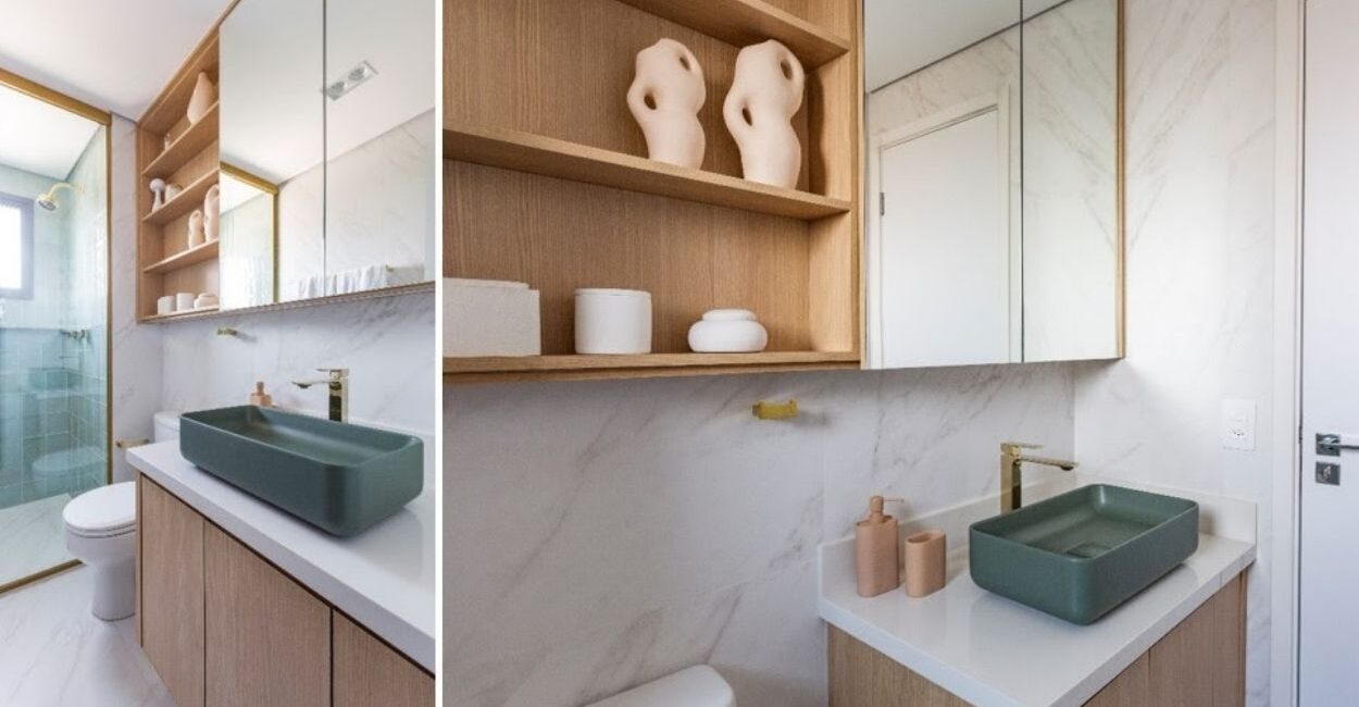 Com gradientes suaves, formatos diversos com cantos arredondados e acabamento mate, as cubas coloridas têm ganhado espaço nos projetos de arquitetura de interiores. Na reforma dos banheiros que integram o mesmo apartamento, a arquiteta Mari Milani apostou no mesmo modelo e cor, mas com dimensões de acordo com a bancada | FOTOS: Mariana Camargo