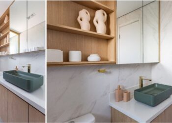 Com gradientes suaves, formatos diversos com cantos arredondados e acabamento mate, as cubas coloridas têm ganhado espaço nos projetos de arquitetura de interiores. Na reforma dos banheiros que integram o mesmo apartamento, a arquiteta Mari Milani apostou no mesmo modelo e cor, mas com dimensões de acordo com a bancada | FOTOS: Mariana Camargo