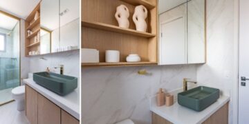 Com gradientes suaves, formatos diversos com cantos arredondados e acabamento mate, as cubas coloridas têm ganhado espaço nos projetos de arquitetura de interiores. Na reforma dos banheiros que integram o mesmo apartamento, a arquiteta Mari Milani apostou no mesmo modelo e cor, mas com dimensões de acordo com a bancada | FOTOS: Mariana Camargo