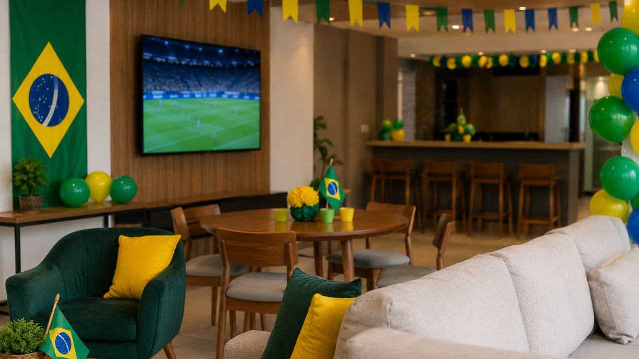 Ideia de decoração para area comum de condominio com tematica de copa do mundo