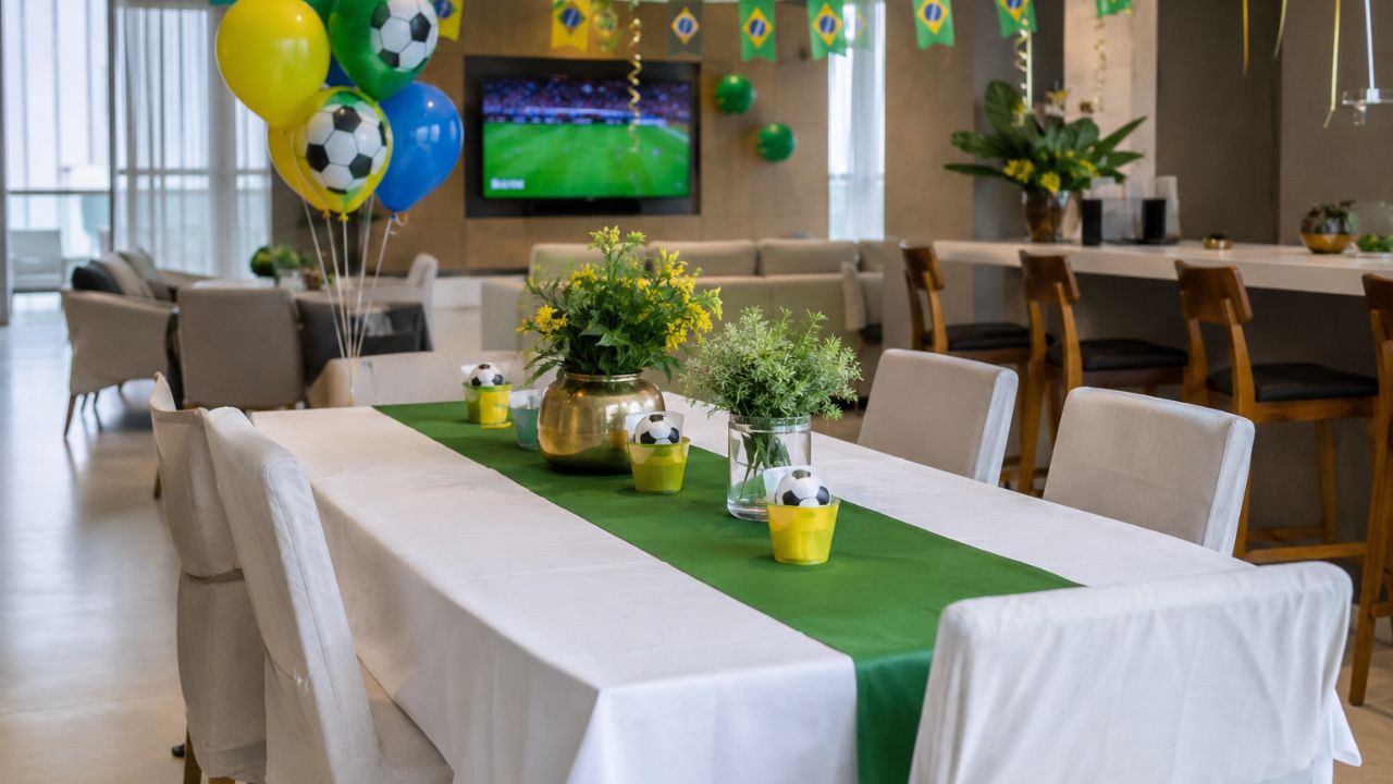 Ideia de decoração para area comum de condominio com tematica de copa do mundo