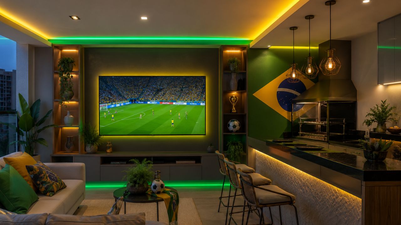 Ideia de decoração para area comum de condominio com tematica de copa do mundo