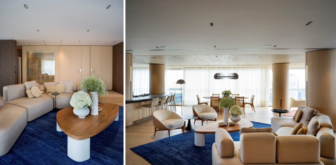 A vida ao redor da ilha: apartamento de planta curva com interiores acolhedores e integrados traduz nova fase de vida dos proprietários