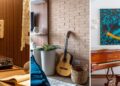 Seja de modo a integrar a arquitetura de interiores dos ambientes ou mesmo com a função de protagonizar, a arquitetura eleva a música  como um elemento que diz muito sobre o projeto | Fotos: JP Image (à esquerda) e Julia Herman (centro e à direita)