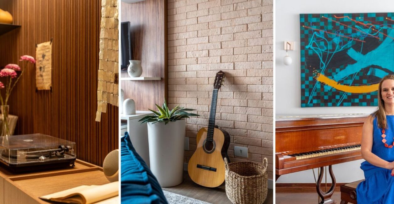 Seja de modo a integrar a arquitetura de interiores dos ambientes ou mesmo com a função de protagonizar, a arquitetura eleva a música  como um elemento que diz muito sobre o projeto | Fotos: JP Image (à esquerda) e Julia Herman (centro e à direita)