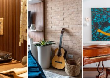 Seja de modo a integrar a arquitetura de interiores dos ambientes ou mesmo com a função de protagonizar, a arquitetura eleva a música  como um elemento que diz muito sobre o projeto | Fotos: JP Image (à esquerda) e Julia Herman (centro e à direita)