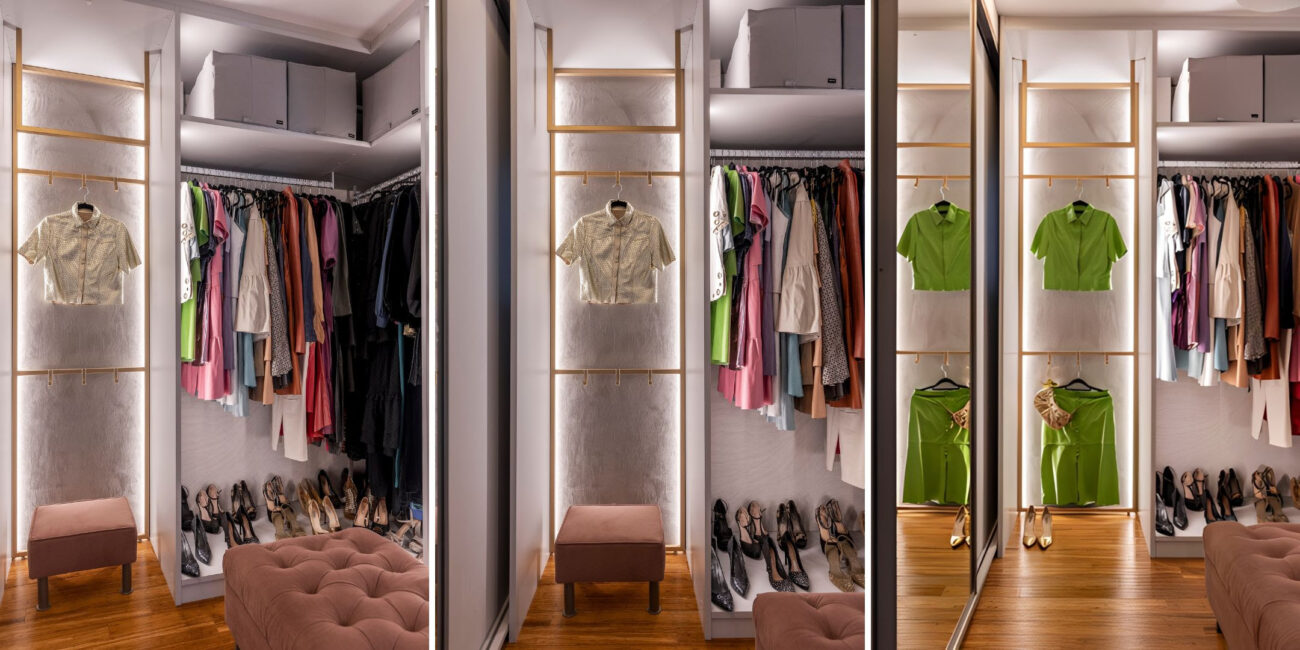 Walk-in closet e adega: o projeto que transforma guardar roupa e vinho em um ritual diário