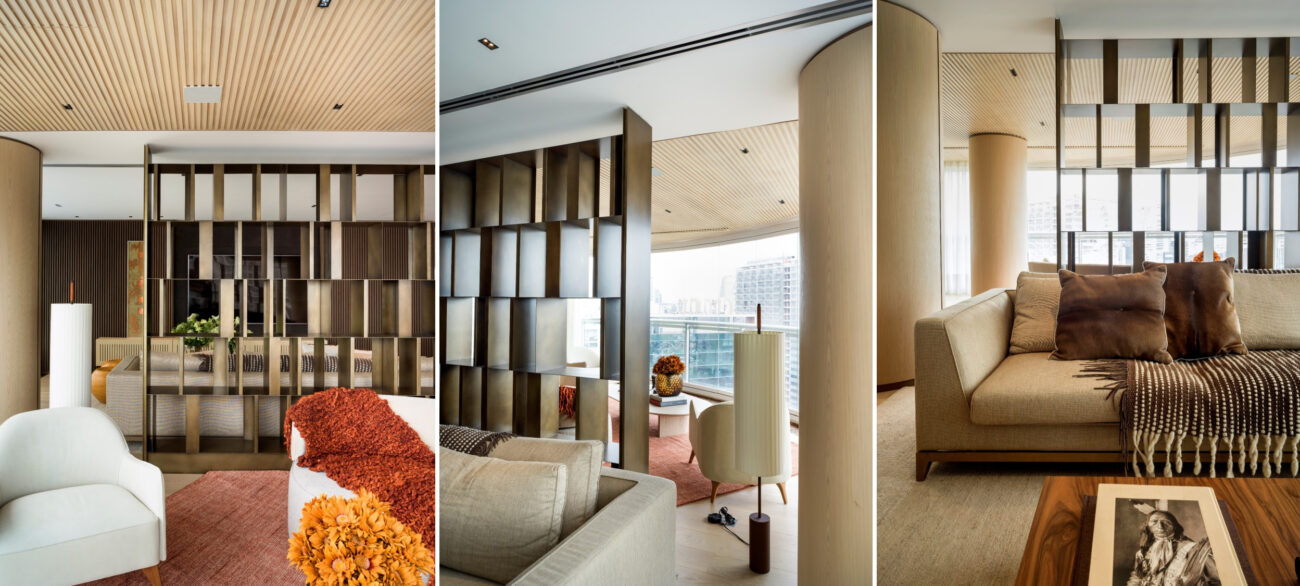 Como separar a sala de TV do living sem construir uma parede? A resposta está em três materiais que a arquitetura já usa há décadas