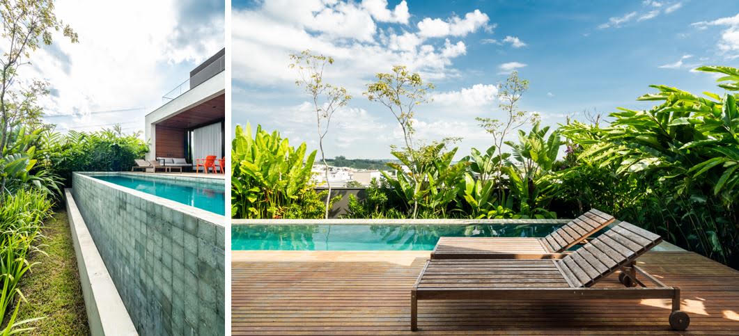 Paisagismo residencial recusa a piscina exposta e usa vegetação tropical para resolver o problema de privacidade que o terreno não deu de graça