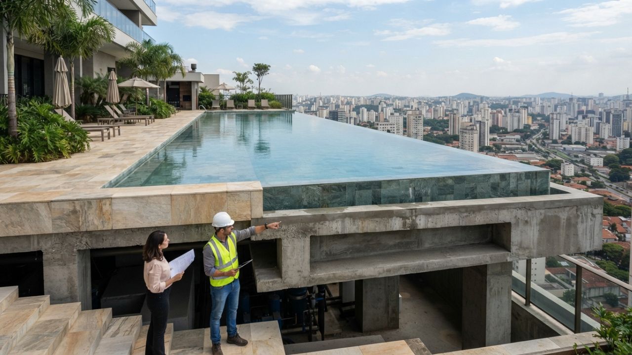 Piscina infinita em cobertura: a engenharia invisível que sustenta o efeito de borda infinita