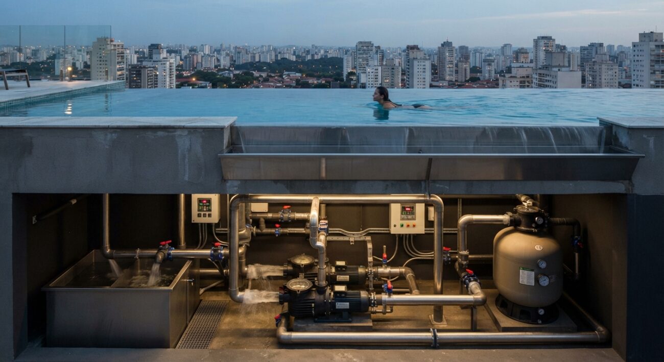 Piscina infinita em cobertura: a engenharia invisível que sustenta o efeito de borda infinita