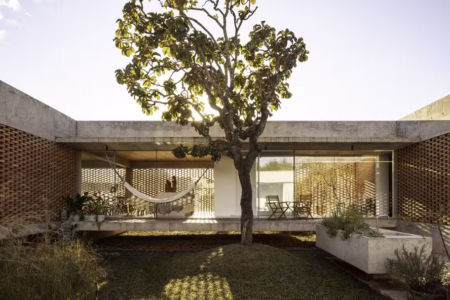 Casa em Brasília integra concreto aparente e árvore do cerrado em torno de um pátio interno