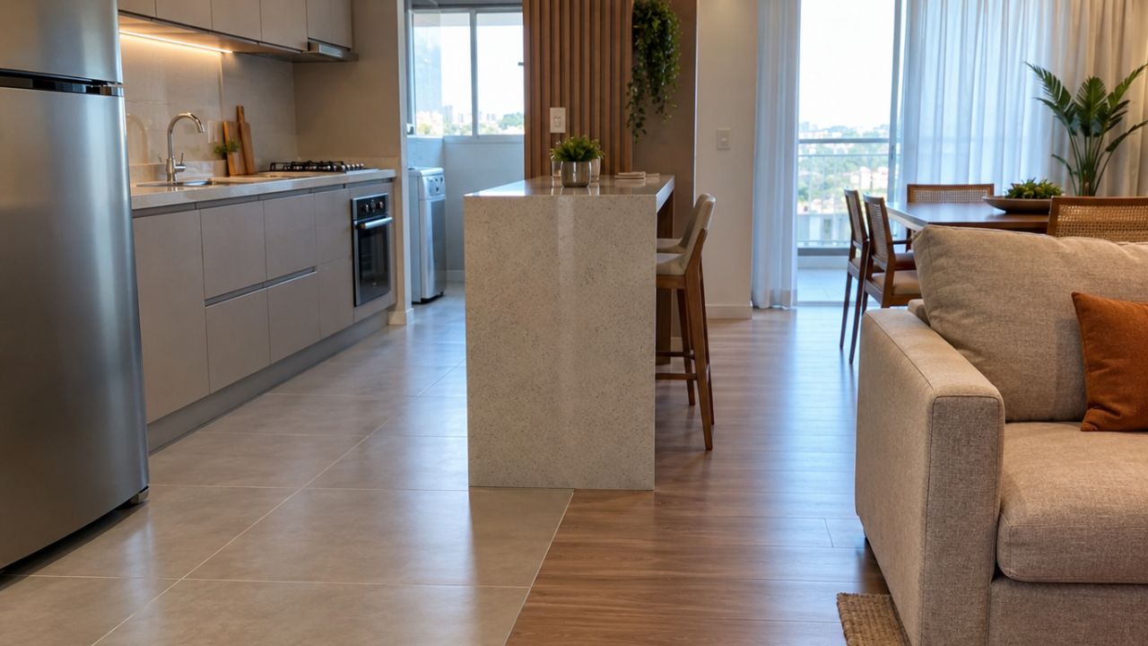 Cozinha integrada: os 3 erros de piso, luz e estilo que destroem a sensação de amplitude entre os ambientes