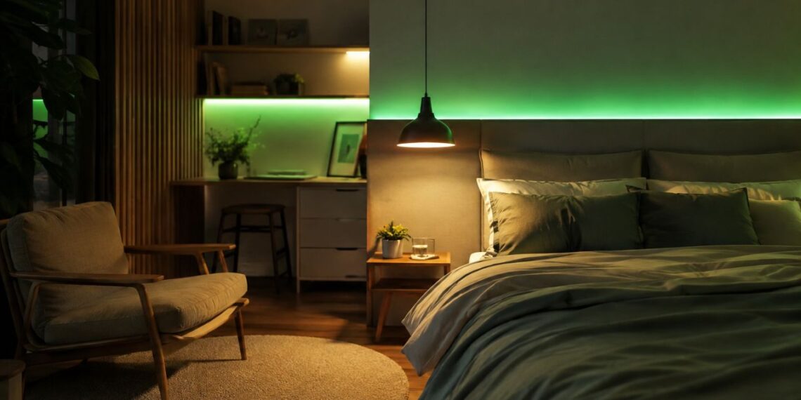 Luz verde vira aposta de decoração e muda o jeito de iluminar o quarto