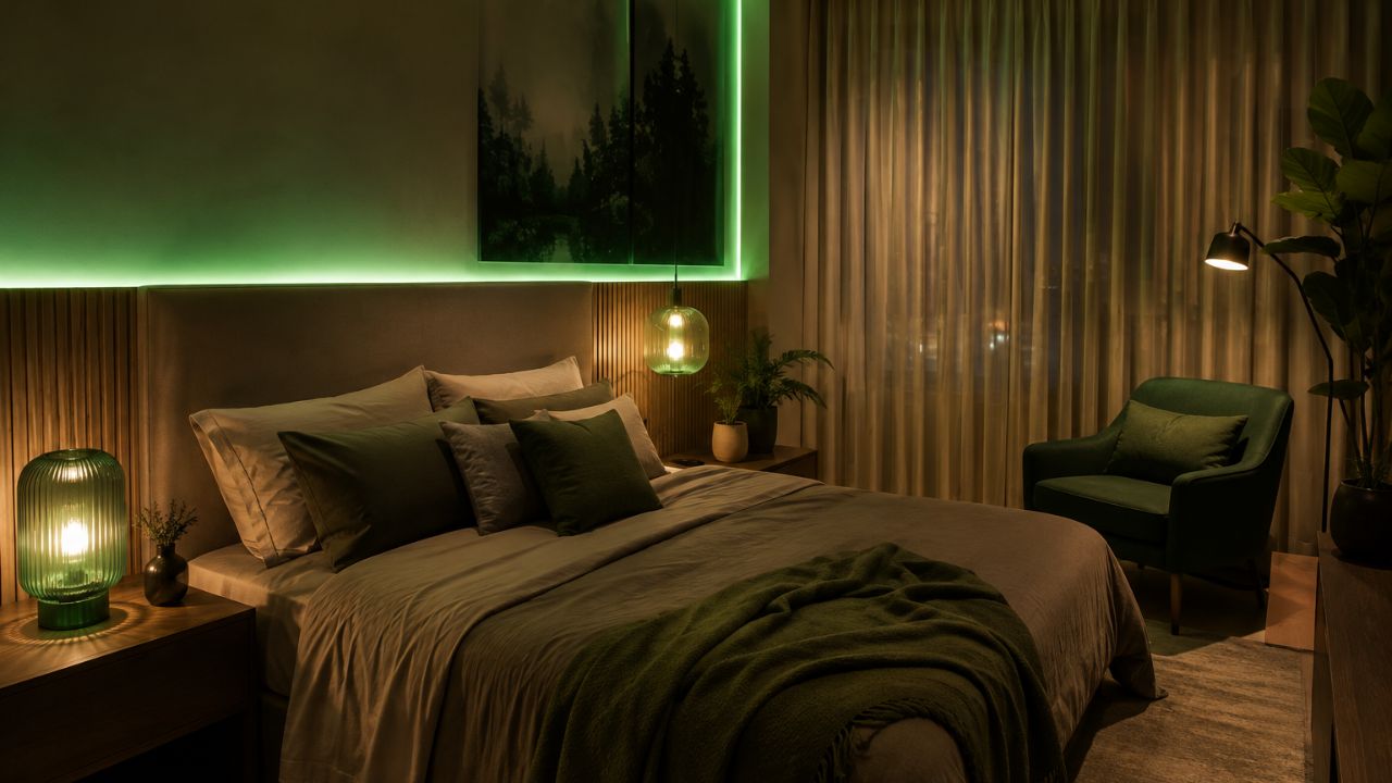 Luz verde vira aposta de decoração e muda o jeito de iluminar o quarto