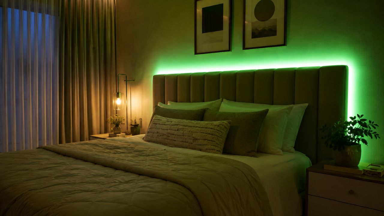 Luz verde vira aposta de decoração e muda o jeito de iluminar o quarto