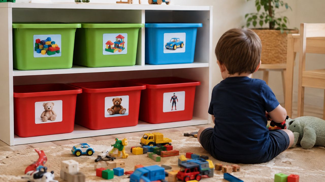 Brinquedos espalhados por toda a casa? Saiba como criar sistemas de organização que a criança consegue usar sozinha — e manter!