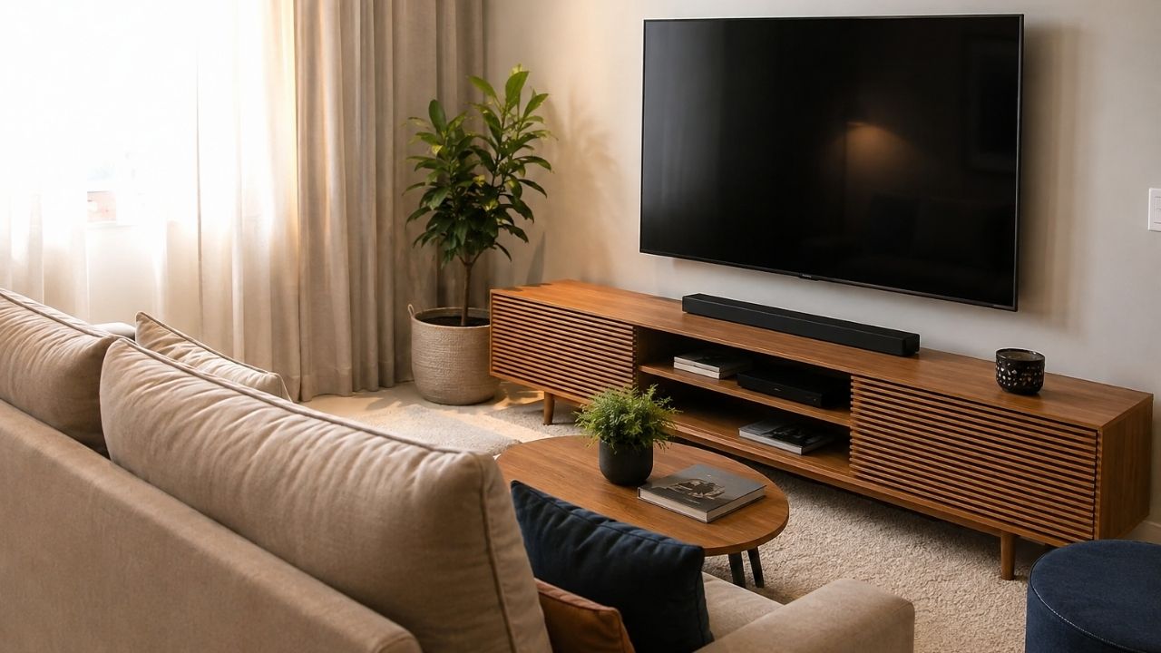 Qual o tamanho ideal do rack para o sofá? Entenda a proporção ideal e como evitar essa armadilha na sala de TV