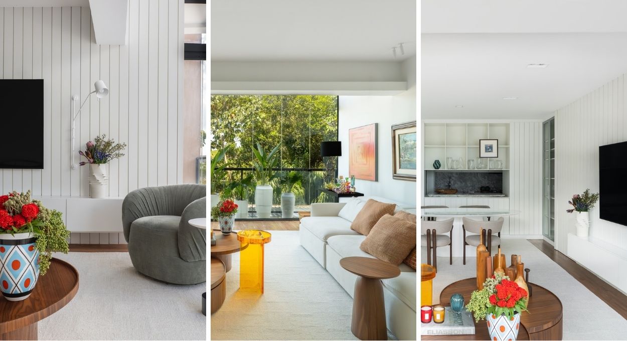 Apartamento de 105 m² troca suíte por sala ampla e ganha marcenaria ripada que une todos os ambientes