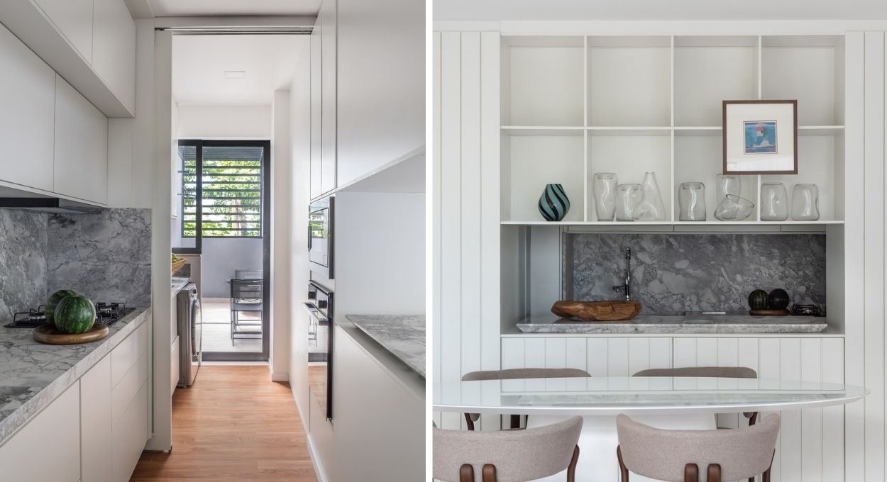 Apartamento de 105 m² troca suíte por sala ampla e ganha marcenaria ripada que une todos os ambientes