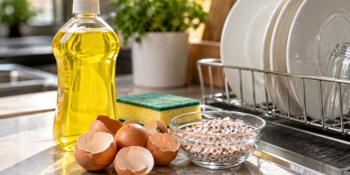 Detergente e casca de ovo: o truque caseiro que virou tendência na cozinha e promete louça mais brilhante