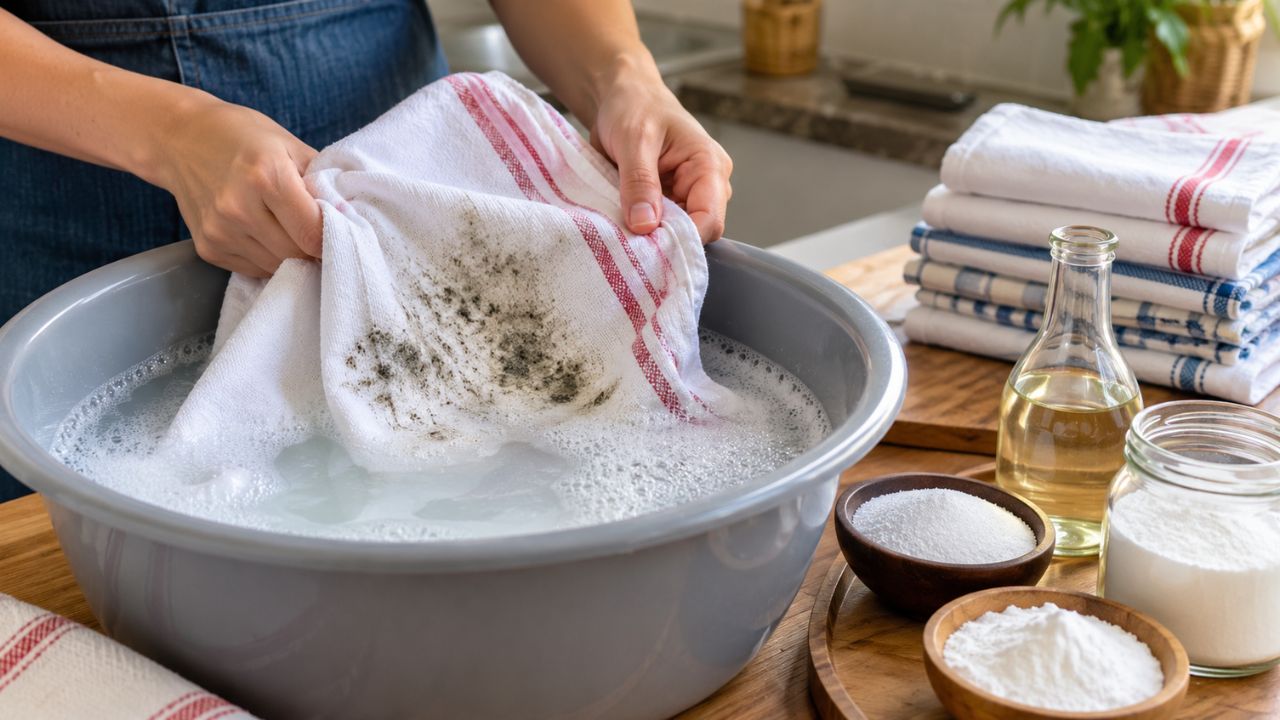 Veja como tirar mofo de pano de prato com uma misturinha simples que devolve o tecido limpo e sem precisar jogar fora!