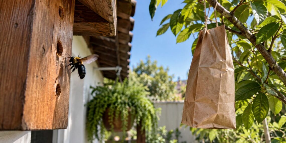 Abelhas carpinteiras furando a madeira de casa? O saco de papel pendurado no quintal pode ser a barreira que falta