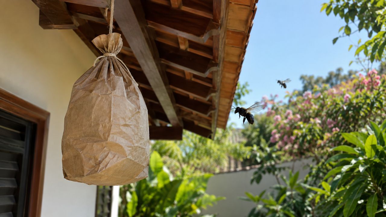 Abelhas carpinteiras furando a madeira de casa? O saco de papel pendurado no quintal pode ser a barreira que falta